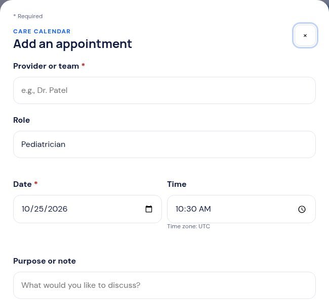 The Add an appointment screen, with boxes for provider, role, date, time and what to discuss