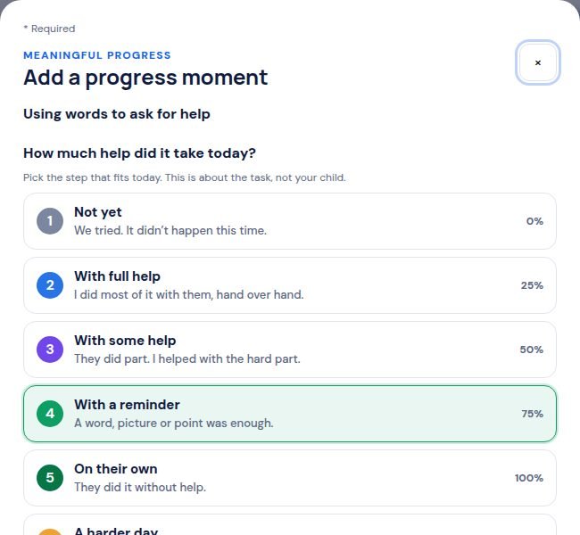 The Add a progress moment screen, with 5 steps from Not yet to On their own, and a harder day option