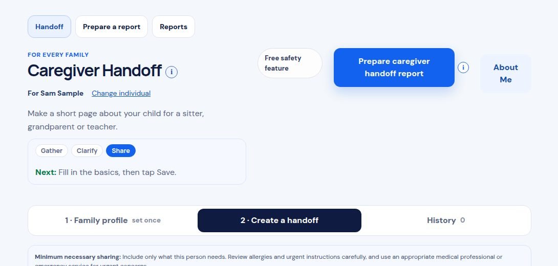 The Caregiver Handoff page, with a Family profile step and a Create a handoff step