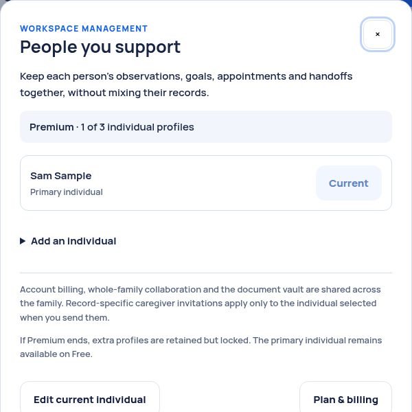 The People you support screen, showing 1 of 3 profiles and an Add an individual button