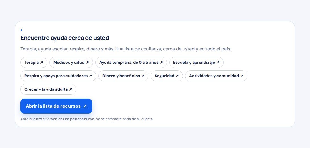 La tarjeta Encuentre ayuda cerca de usted en la app, con botones de temas y el botón Abrir la lista de recursos