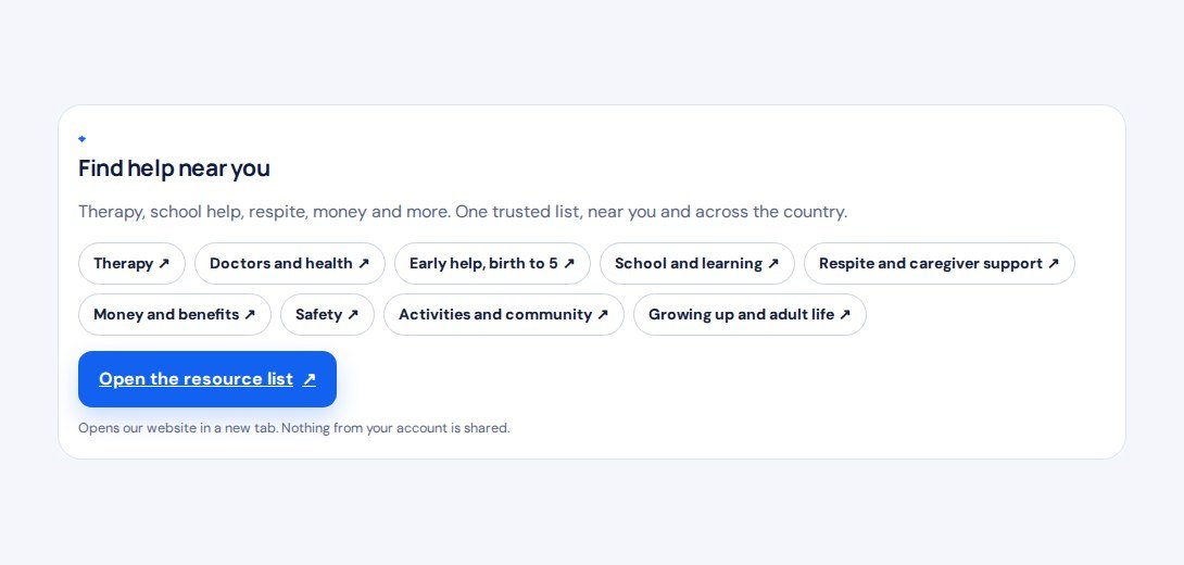 The Find help near you card in the app, with topic buttons and an Open the resource list button